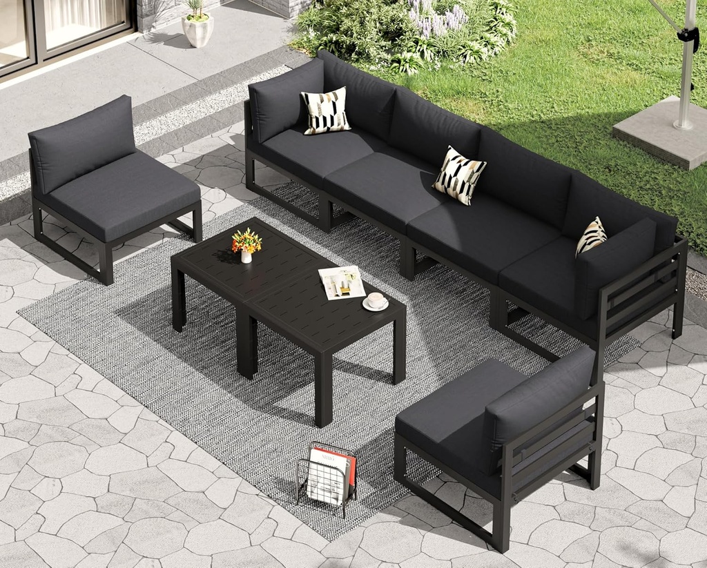 RADIATA 8 Pcs L Shaped Contemporary Aluminum Outdoor Furniture Set, 29" Deep Wide Couch Set for 500 lbs High Weight Capacity, Large Modular Patio Sectional Sofa with Coffee Table for Garden, Dark Grey