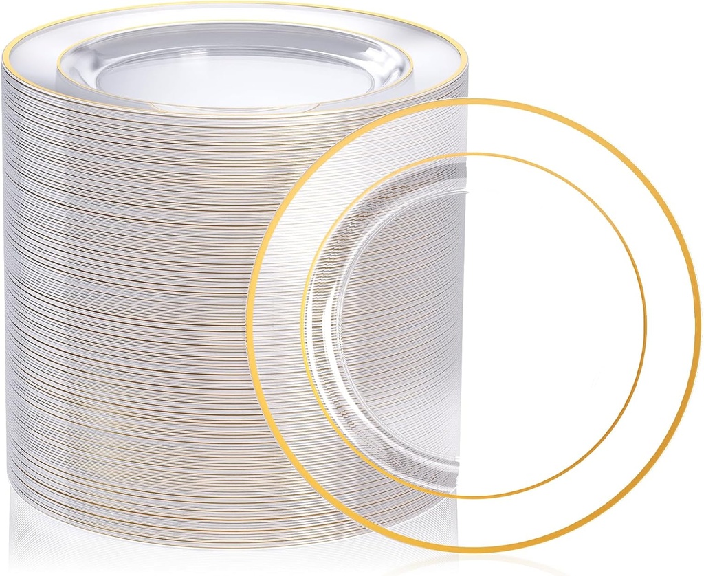 FOCUSLINE 7 Inch Small Clear Gold Plastic Plates 100 Count, Disposable Heavy Duty Clear Plates with Gold Rim, Premium Hard Plastic Plate Fancy Disposable Salad Plate for Wedding Parties