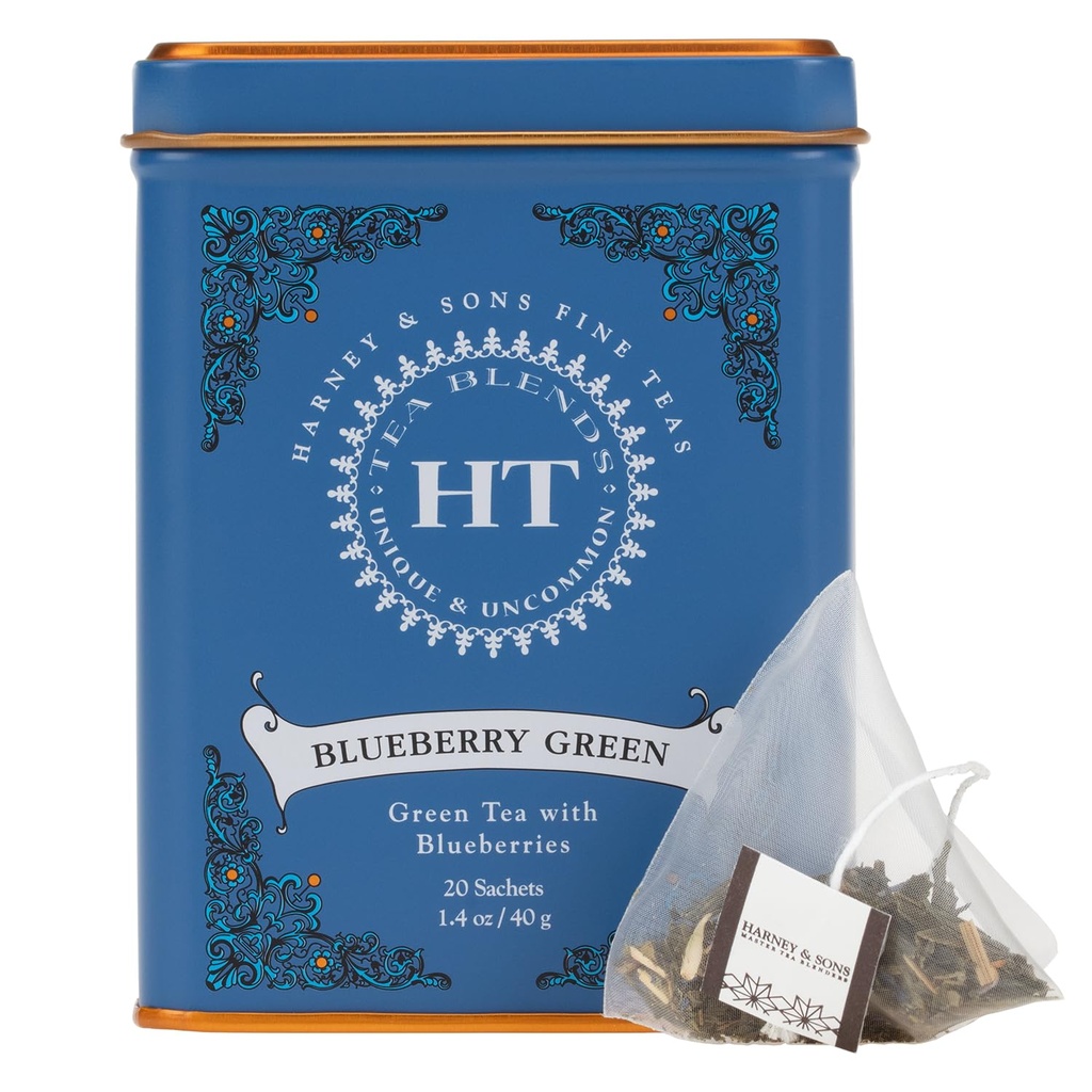 Harney & Sons Blueberry Green Tea Tin Can - Caffeinated and, Great Present Idea - 20 Sachets, 1.4 Ounces
