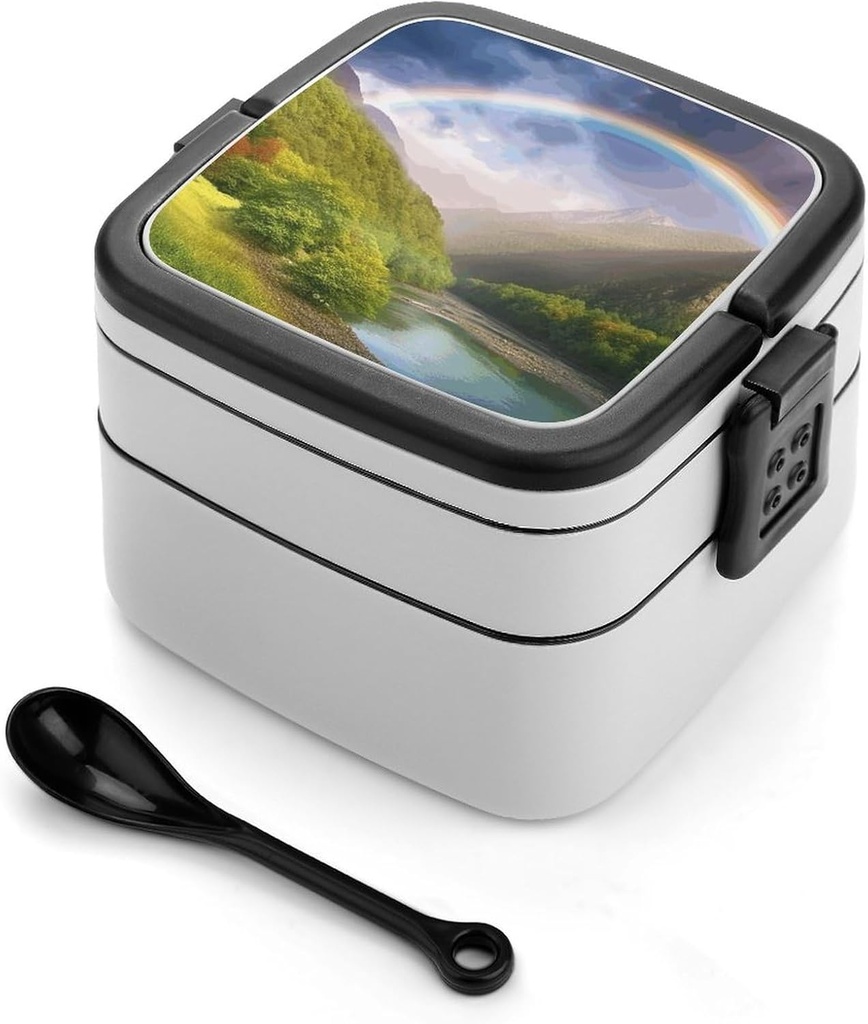 Mountain Valley with Rainbow Bento Box Adult Lunch Box Containers with Spoons Double Layered Lunch Containers Portable Lunch Boxes Food Container for Work Picnic Travel