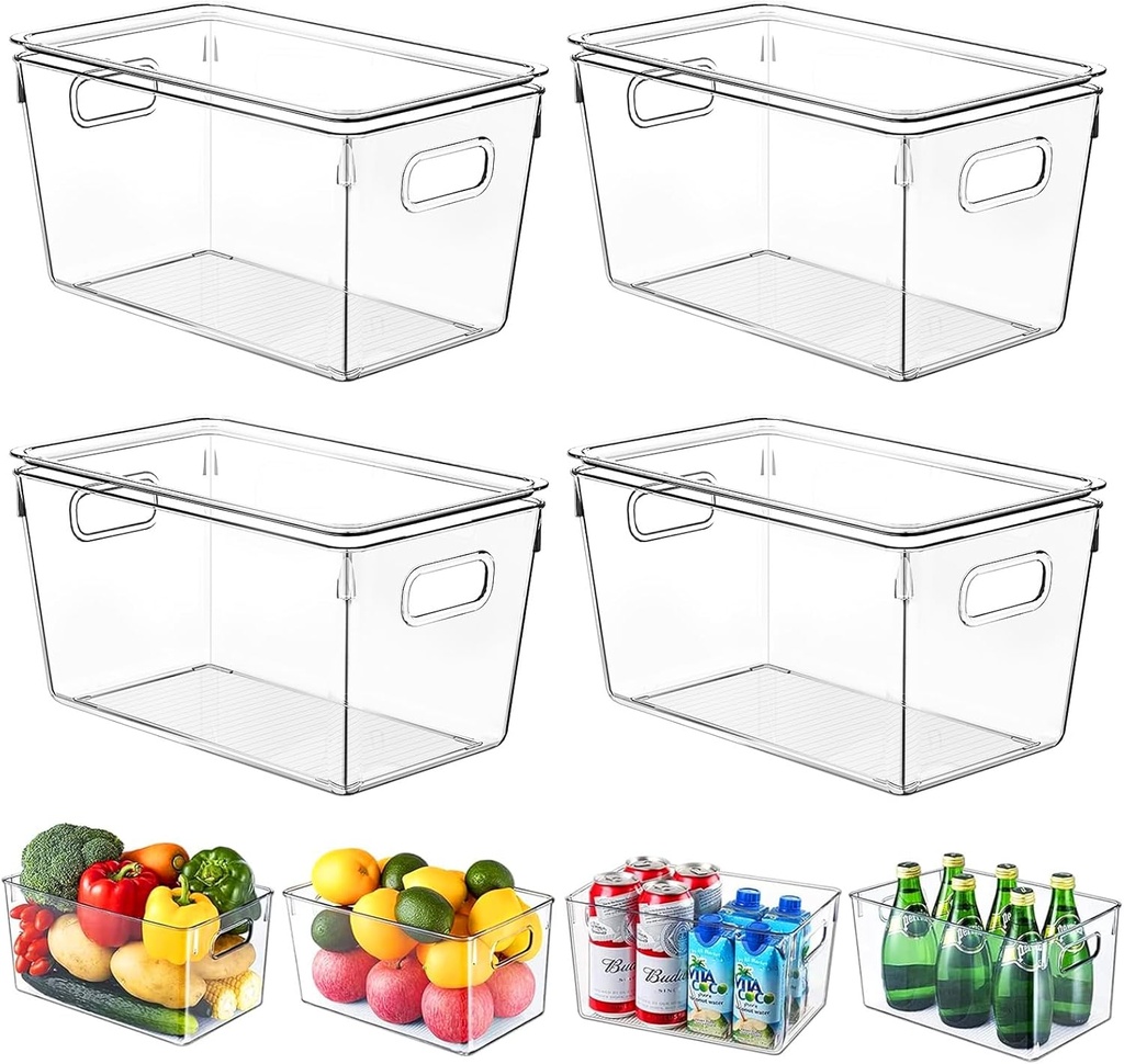4 Pack Plastic Storage Bins with Lids, Clear Stackable Organizer with Handle, Kitchen Pantry Organizers and Storage, Perfect for Pantry, Refrigerator, Fridge, Bathroom, Cabinet, Closet, Kitchen