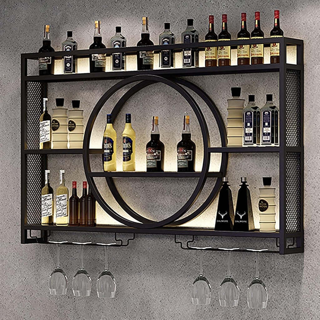 LED Wall Mounted Wine Rack,Metal Wine Shelf,3 Tier Floating Wine Holder,Iron Bar Liquor Shelf,Hanging Red Wine Shelf,Wine Storage Display Rack,For Living Room,Dining Room,Cellar,Kitchen ( Color : Blac