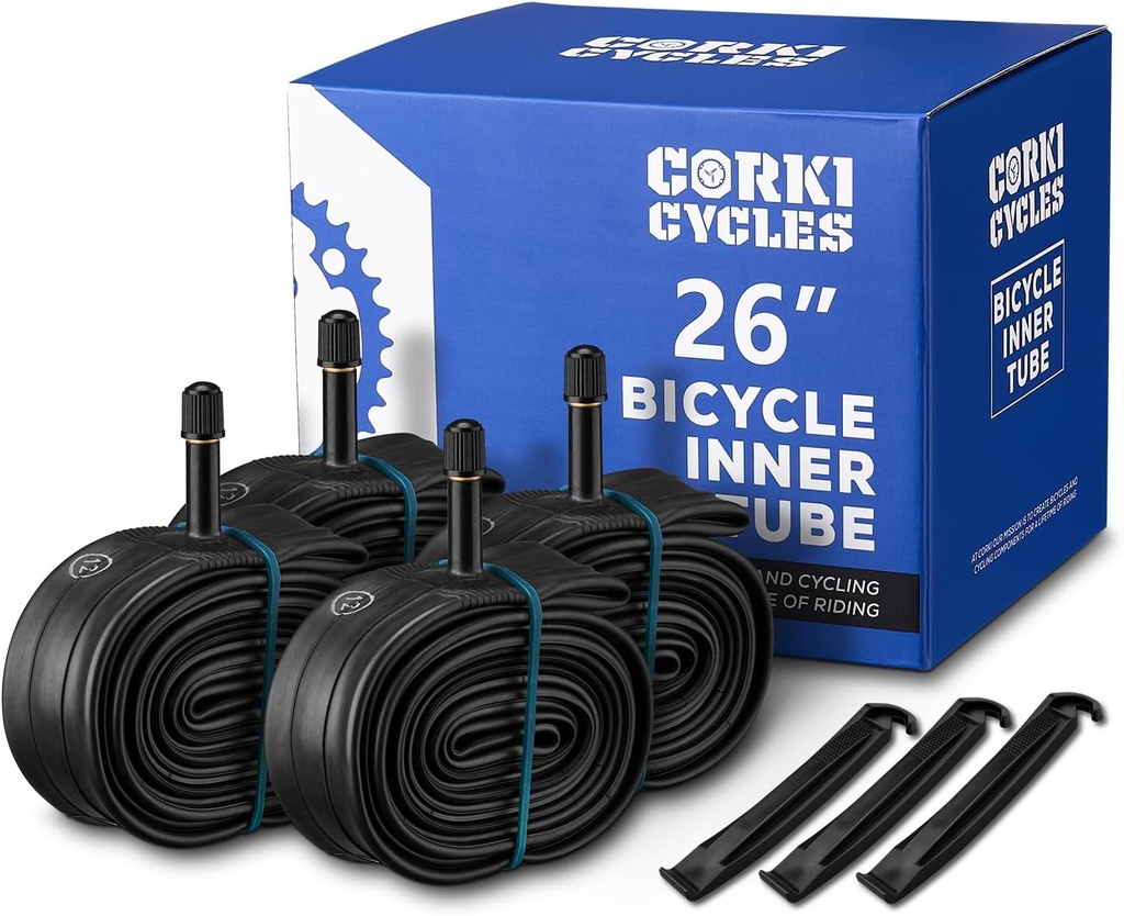 Corki Cycles 26 Inch Mountain Bike Inner Tube 4-Pack, Bike Tube 26 x 1.75 1.95 2.0 2.1 2.125 2.2 2.25 2.3 2.35 2.4 4.0 Presta Valve 48mm / Schrader Valve 32mm - Heavy Duty Butyl Rubber Bike Tire Tube