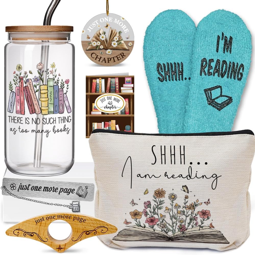 7PCS Book Lovers Gifts Set for Readers Librarians Includes Glass Cup, Cosmetic Bag, Sock, Bookmark, Book Page Holder, Ornament, Card, Book Accessories Gifts for Girl Friend, Book Themed Gift Set