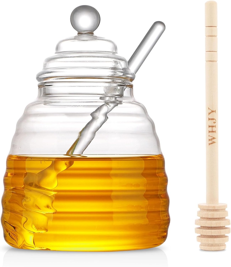 WHJY Glass Honey Pot With Dipper - 16oz Honey Jar and Dispenser for Home Kitchen