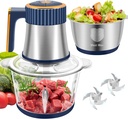 Food Processor, 5 Modes Electric Food Chopper with 2 Bowls (8 Cup+8 Cup) & 2 Sets Stainless Steel, Meat Grinder for Home Use, Mincing for Meats Vegetables Fruits Nuts (Blue)