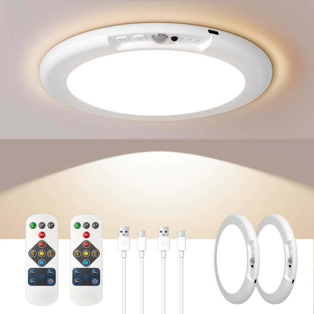 Rechargeable Motion Sensor Ceiling Light, Wireless Battery Operated Ceiling Light, Motion Activated Closet Light with Remote, Magnetic Dimmable Timming, Shower Light for Closet, Bathroom, Pantry, Shed