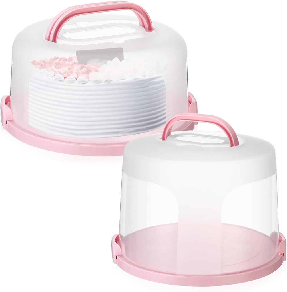 Baderke 2 Pcs 10 Inch/ 10 Inch High Round Cake Carrier with Lid and Handle Plastic Cake Container with Cover for Cupcake Pie Serving Transport(Pink)