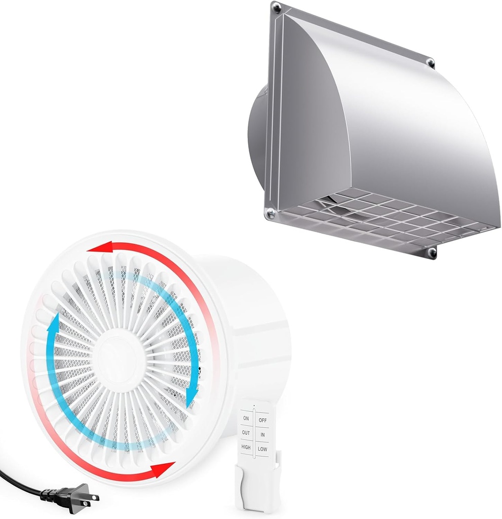 HG Power 6 Inch Ventilation Kit - 6" Two-way Exhaust Fan with Remote Control + 6" Outdoor Wall Vent Cover with Damper for Kitchen Bathroom Garage Attic Basement HVAC System