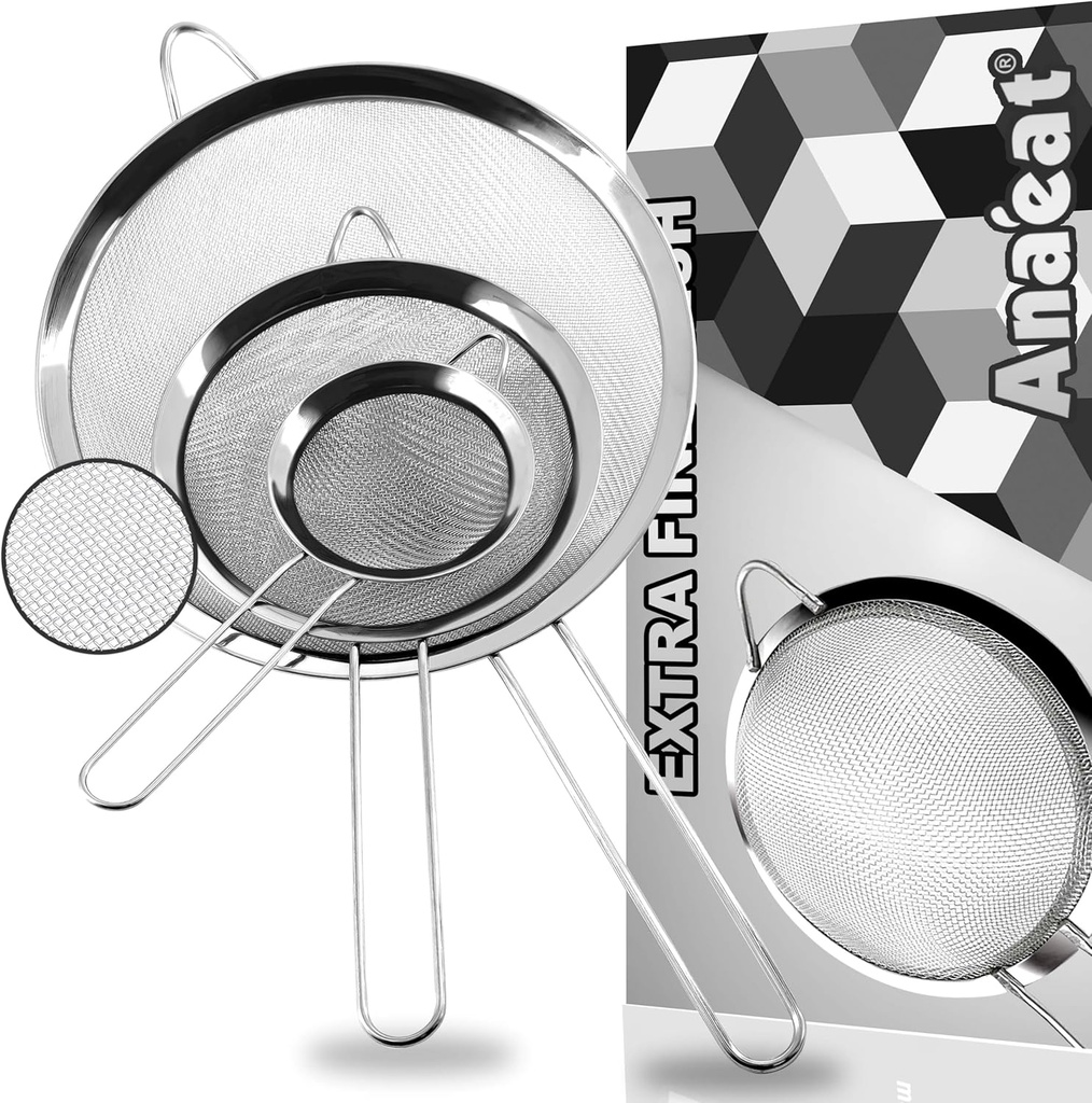 Anaeat Fine Mesh Strainers - Premium Stainless Steel Colander Sieve Sifters, with Durable Mesh and Sturdy Handle, Excellent for Sifting Dry ingredients, Flour, Pastas, Rice, Tea (2.8"+4.73"+7.09")