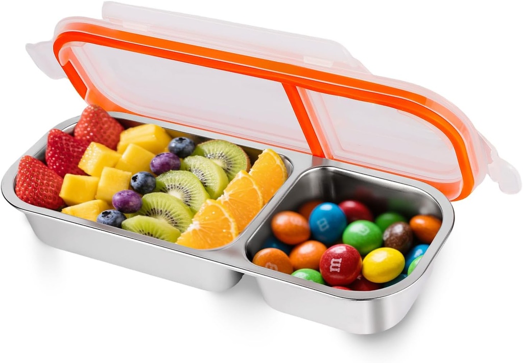 Stainless Steel Snackle Container For Adults, Reusable Bento Lunch Box Snack Containers, 2 Compartment Divided Food For Home Work Travel