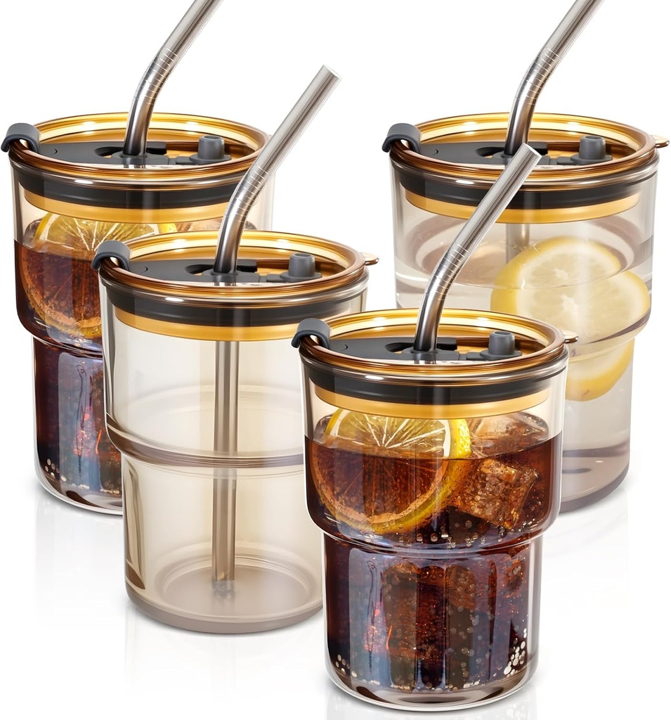 4 Packs Glass Tumbler with Lid and Straw 13 oz Cute Ice Coffee Cup Set for Smoothie Juice Matcha Tea Latte Cappuccino Espresso Hot Coffe Water Reusable Clear Travel Boba Small Drinking Mug