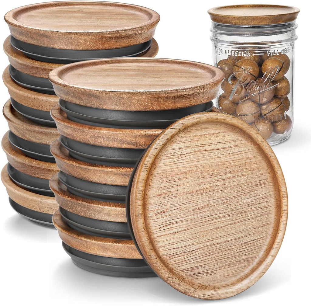 Wooden Storage Lids for Ball/Mason/Kerr Jars, Food Grade Material, Reusable canning lids with Silicone Seal, 100% Fit & Airtight for Jars (12PCS-Wide)
