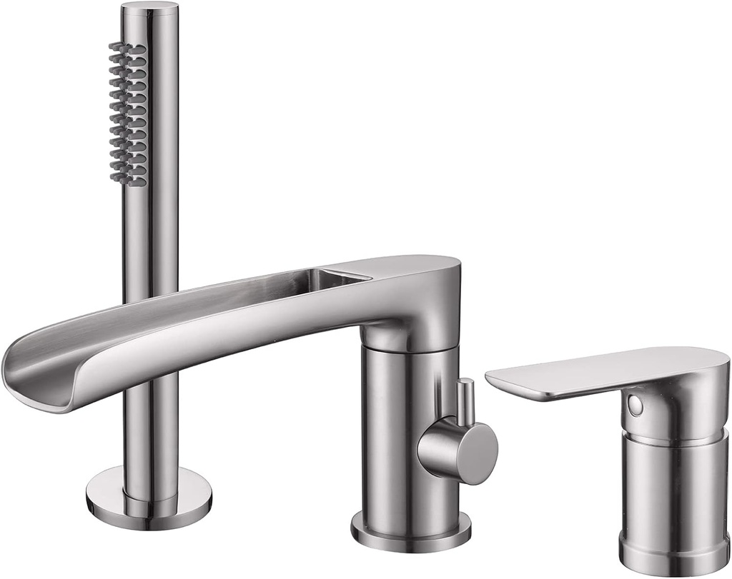 TapLong Waterfall Roman Tub Faucet with Hand Shower, Widespread Deck Mount Bathtub Faucet with Sprayer, Single-Handle 3-Holes Bathtub Shower Faucet Set in Brushed Nickel, 03119BN