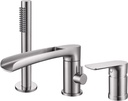 TapLong Waterfall Roman Tub Faucet with Hand Shower, Widespread Deck Mount Bathtub Faucet with Sprayer, Single-Handle 3-Holes Bathtub Shower Faucet Set in Brushed Nickel, 03119BN
