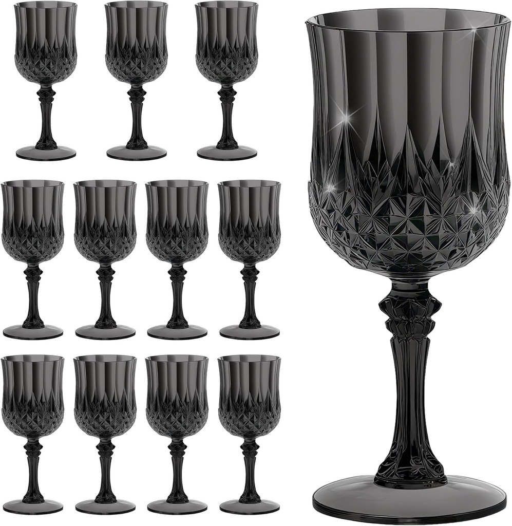 12PCS 7OZ Black Wine Plastic Glasses Drinking Champagne Glasses Flutes Crystal Vintage Water Unbreakable Goblets for Christmas, Wedding, Parties