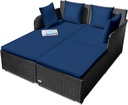 Outdoor Rattan Daybed, Patio Loveseat Sofa Set w/Comfortable Cushions, Extra Pillows & Metal Foot, Sunbed Wicker Furniture for Yard/Poolside/Living Room/Garden/Porch, Navy