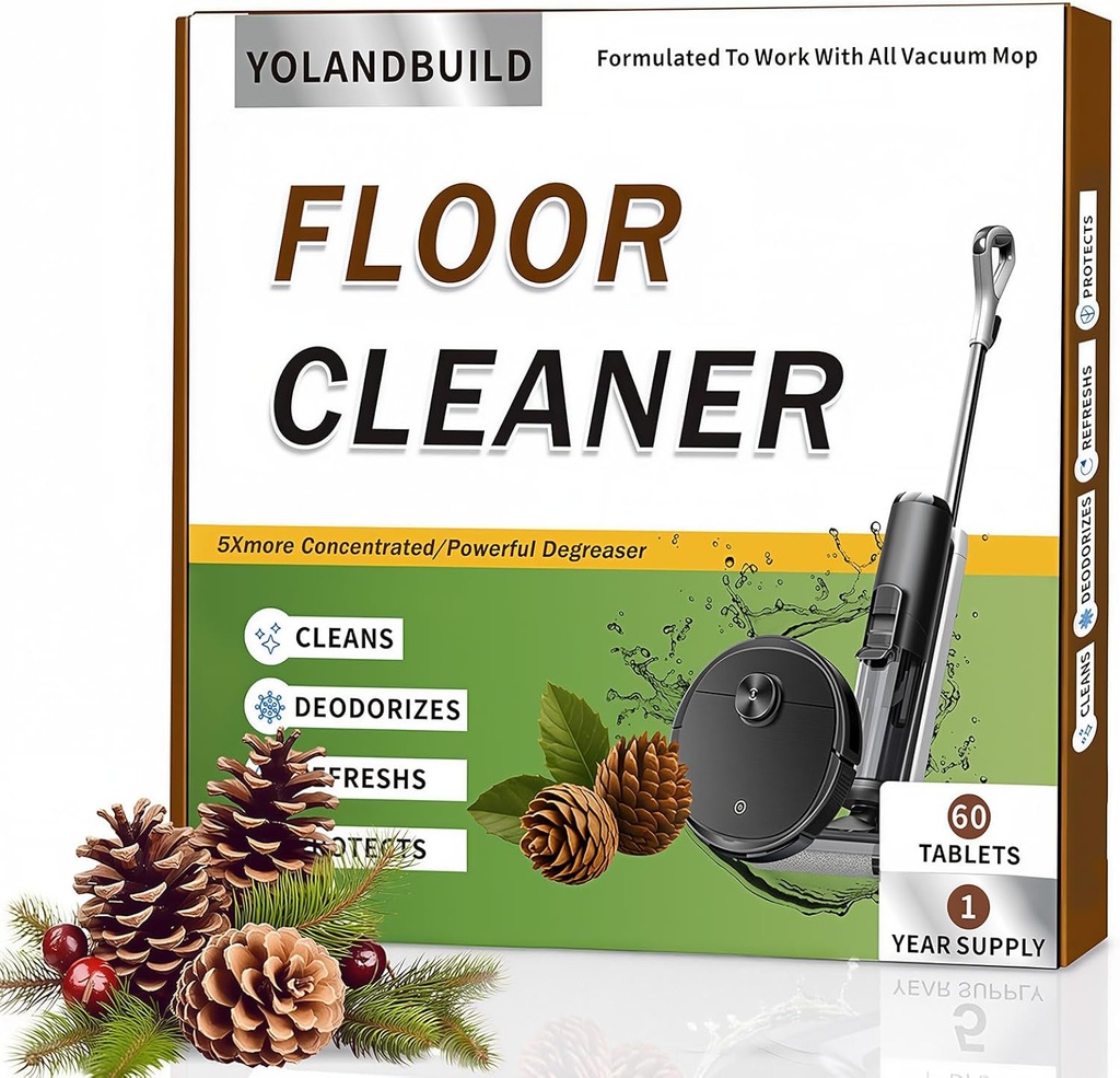 Multi-Surface Floor Cleaning Solution Compatible with Tineco/Roborock Vacuum Mop, Cleaner Refill for All Mopping Robot Vacuums and Cordless Wet/Dry Mops,60 Pack, Pine Fragrance