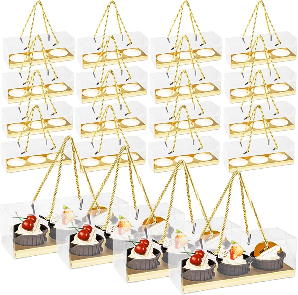 Cupcake Boxes, 20 Set Of Cupcake Packaging Boxes Cup Cake Plastic Containers For Treat Dessert Cookies Muffins Pastry Baby Shower Party, 9" X 3" X 3" (Gold)