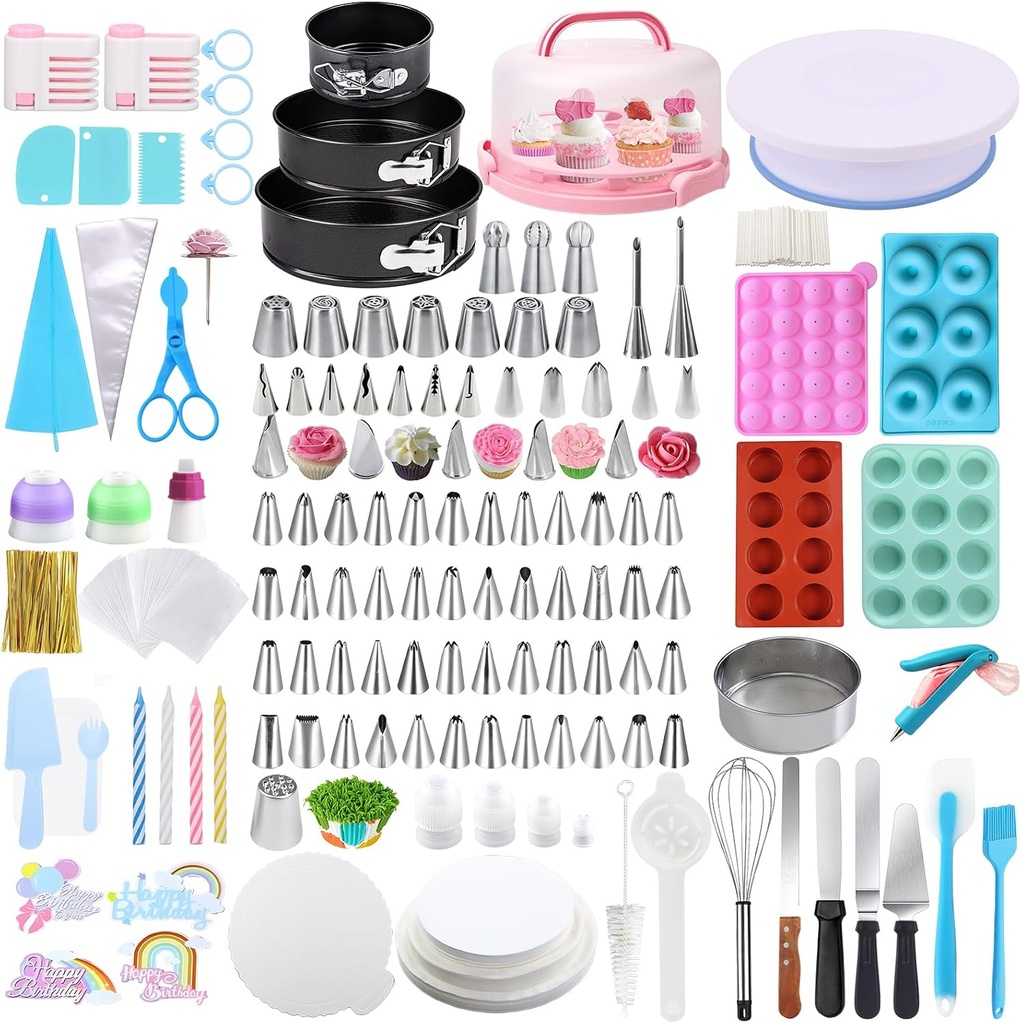 Cake Decorating Kit, Cake Making Baking Kit for Adults Beginners Professionals, Frosting Piping Set, 3 Springform Pan, 4 Cake Molds, Cake Muffin Carrier (All Useful Items)