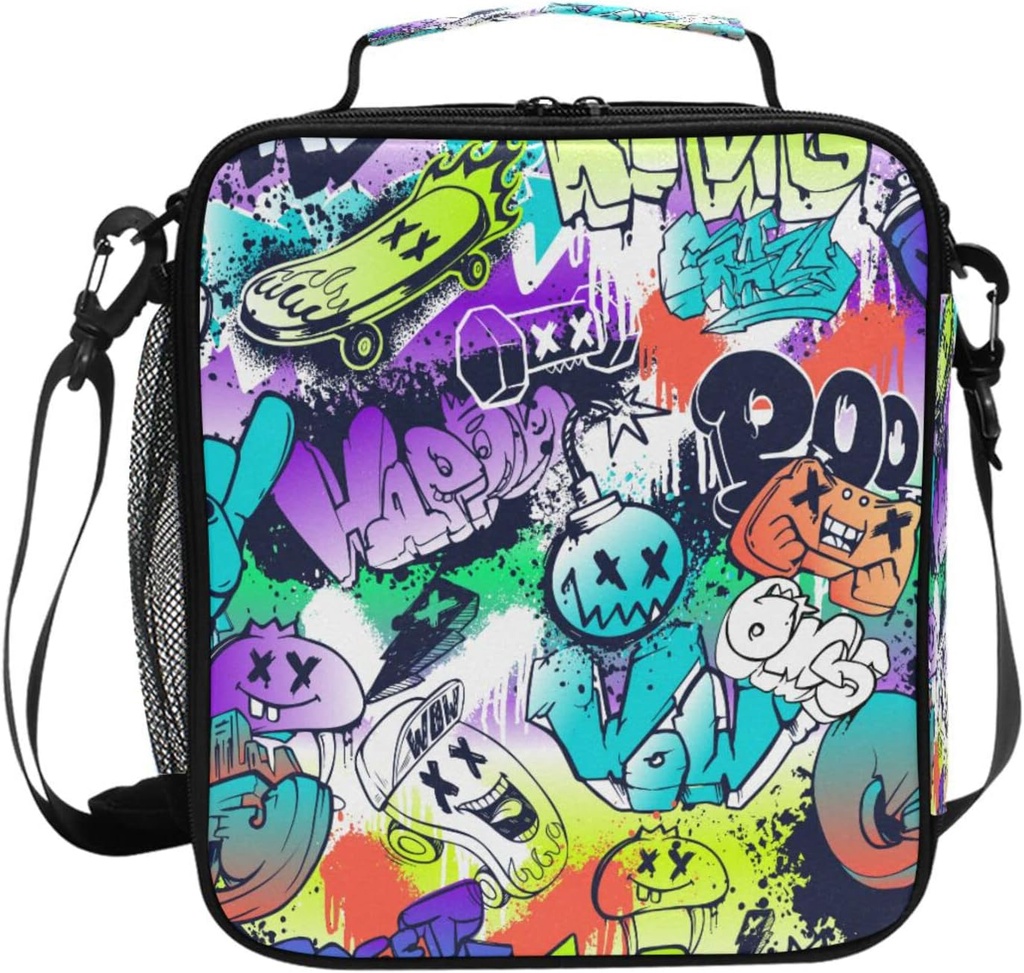 Graffiti Cartoon Kids Lunch Box Insulated Lunch Bag Reusable Cooler Bag with Strap for Girls, Boys, Kids for School Picnic, Travel, Hiking
