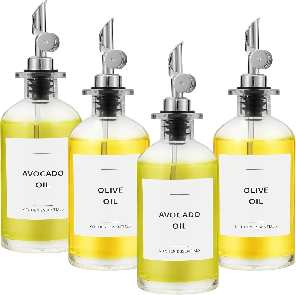 Olive Oil Dispenser Bottle - Includes 55 Kitchen Essential Labels - Cooking Oil Bottles for Kitchen, Coffee Syrup Dispenser - Pourer Spout with 11.8 fl oz Glass Container Cruet - 4pcs Silver
