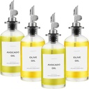 Olive Oil Dispenser Bottle - Includes 55 Kitchen Essential Labels - Cooking Oil Bottles for Kitchen, Coffee Syrup Dispenser - Pourer Spout with 11.8 fl oz Glass Container Cruet - 4pcs Silver