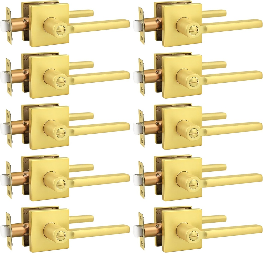 Probrico 10 Packs Gold Door Handles Interior Privacy Lever Lock Keyless Square Door Knob for Bedroom or Bathroom with Gold Finish for Right & Left Side Door Lock