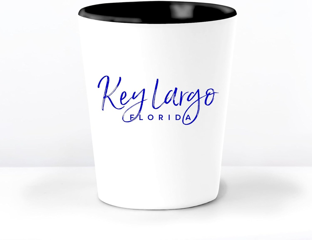 Key Largo FL Ceramic 1.5 Ounce Souvenir Shot Glass - White With Black Interior - Bachelor & Bachelorette Party Favors - Bridesmaid & Groomsmen Present - Florida Home Town Decoration