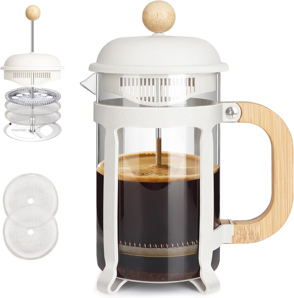 French Press Coffee Maker Tea Maker (28 oz) 304 Stainless-Steel Glass Coffee Press (White)