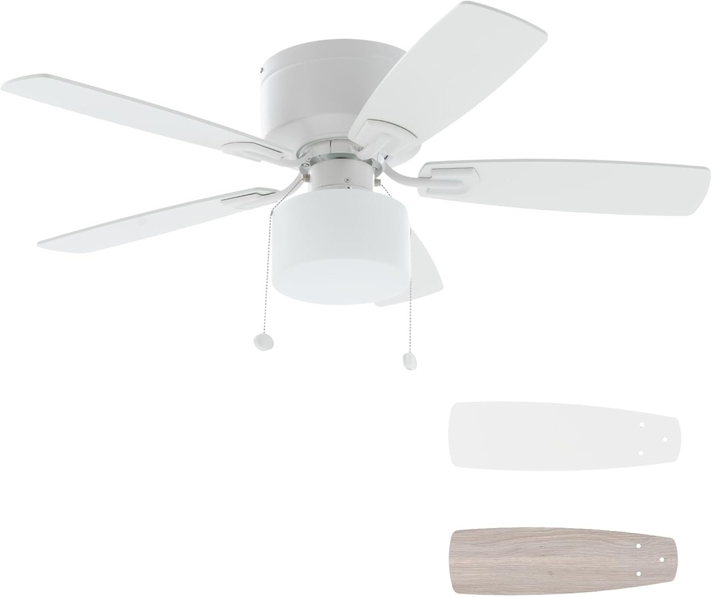 42" Pull Chain Ceiling Fan: Traditional Flush Mount Ceiling Fan with Light - LED Bulb - Dual Finish Blades - Reversible Function for Bedroom - White