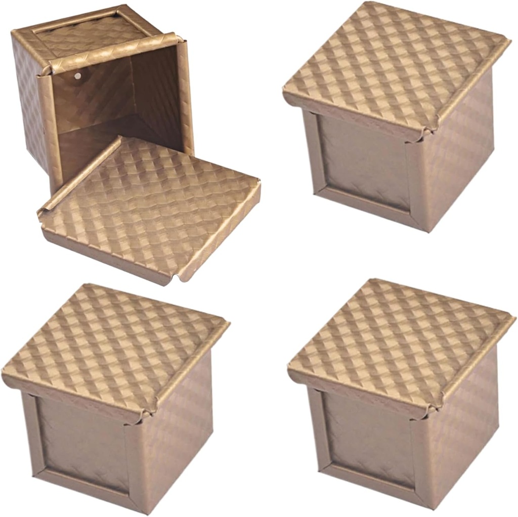 Pullman Loaf Pan with Lid 4Pcs Cube Bread Loaf Pan Non-Stick Bread Baking Pan 2.4x2.4'' Corrugated Mini Loaf Pans with Bottom Vent Holes Rolled Edged Toast Mold Box for Oven Baking, Bread Pan