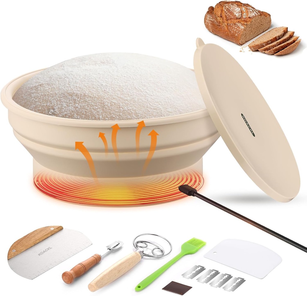 Sourdough Starter Warmer, 9 Inch Foldable Thermostatic Silicone Bread Proofing Basket, Adjustable Heating Sourdough Bread Baking Supplies with Lid