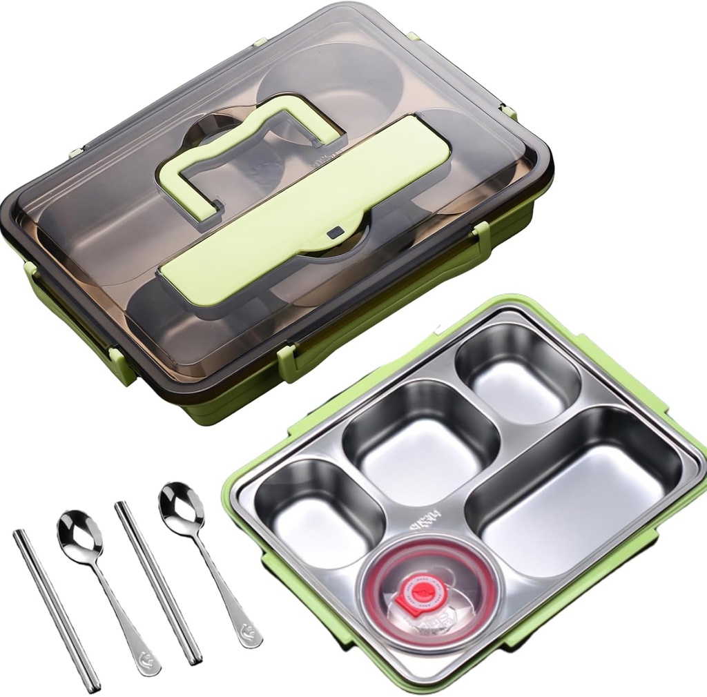 Stainless Steel Bento Box Set of 2-5 Compartment Metal Lunch Box with Cutlery - Leakproof Food Container for Office Gym & Picnics