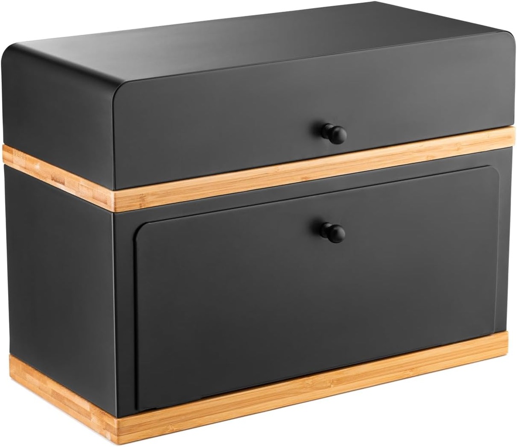 Two Tier Bread Box for Kitchen Countertop- Bamboo Wooden Bread Bin- Fresh Bread Storage Container with Durable Steel Frame- Elegant, Vintage Kitchen Bread Holder- 15 x 11 x 7 Inch