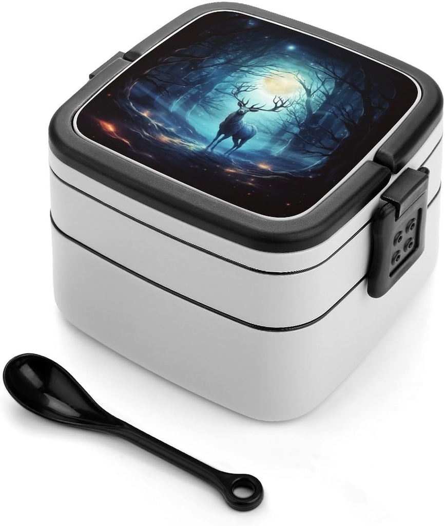 All-in-One Bento Box Stackable Leak-Proof Lunch Box With Carry Handle 2 Layer Portable Meal Prep Container Moonlight Deer Lunchbox with Utensils for Dining Out Work, Black