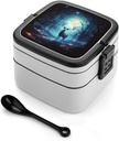 All-in-One Bento Box Stackable Leak-Proof Lunch Box With Carry Handle 2 Layer Portable Meal Prep Container Moonlight Deer Lunchbox with Utensils for Dining Out Work, Black
