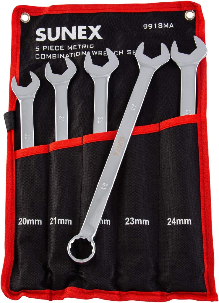 Sunex Tools 9918MA Metric V-Groove Combination Wrench Set, 20mm - 24mm, Fully Polished, 5-Piece (Includes Roll-Case)