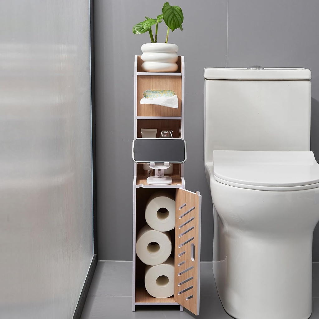 Doxo Waterproof Toilet Paper Holder Behind Toilet Storage Cabinet for Restroom, Slim Toilet Paper Storage with Lid (0ak)