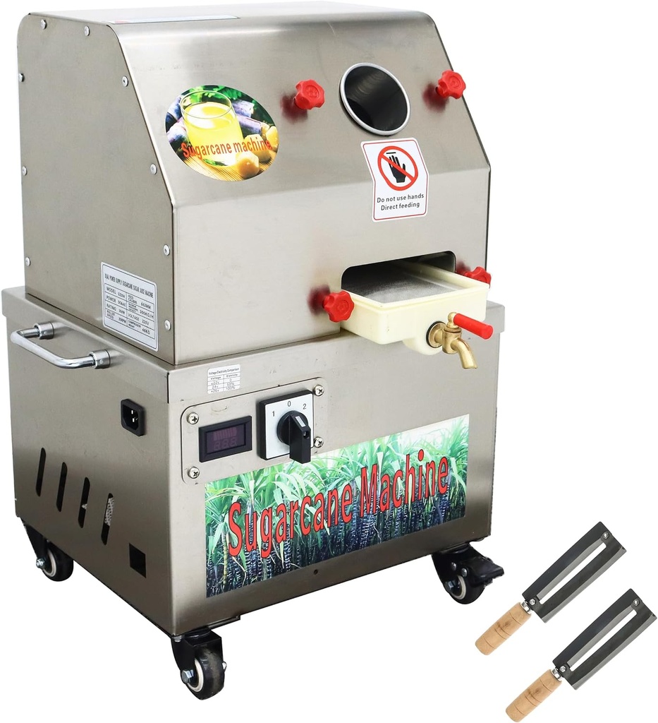 24V/110V Electric Sugar Cane Juice Press Machine, 660LB/H Press Capacity, 3 Stainless Steel Rollers, Sugarcane Juice Squeezer Extractor with Wheels for Home/Commercial