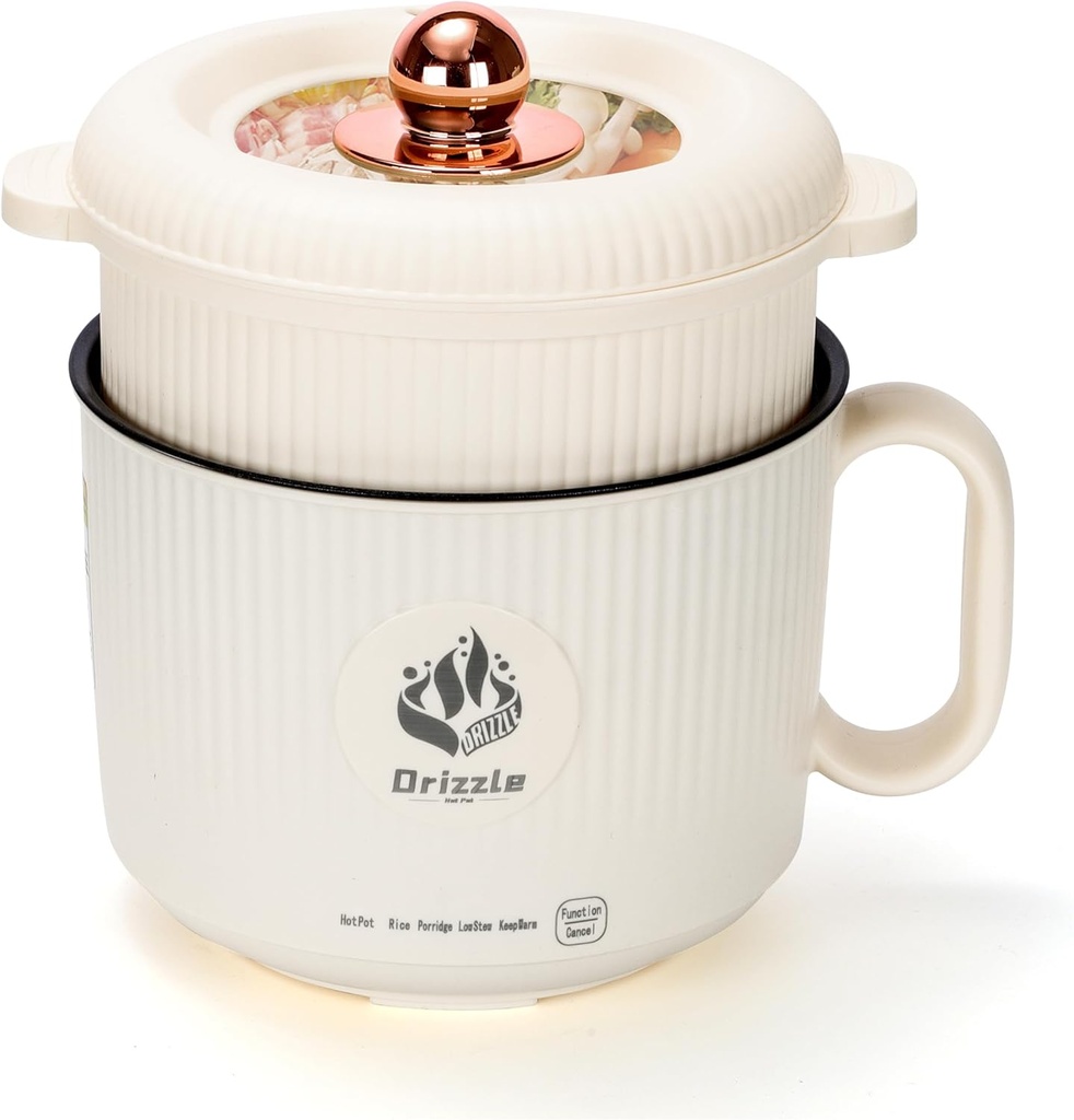 Drizzle Drizzle Electric Hot Pot Cooker 1.7L - Portable Smart Food Maker with Steamer Non-Stick Skillet Stir Fry Cooker Ramen Noodles Steak Egg Oatmeal Shabu-Shabu - Dormitory Office Camping Power