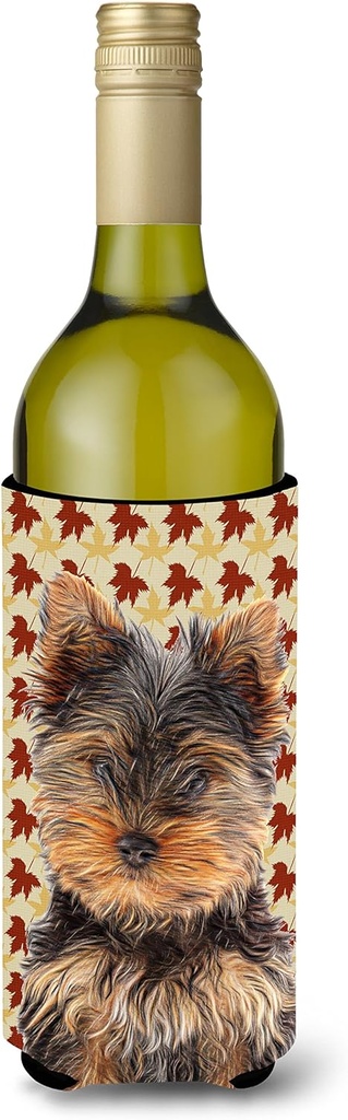 Caroline's Treasures KJ1209LITERK Fall Leaves Yorkie Puppy/Yorkshire Terrier Wine Bottle Hugger Bottle Cooler Sleeve Hugger Machine Washable Collapsible Insulator Beverage Insulated Holder