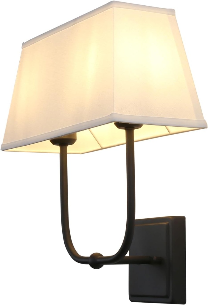 PERMO Transitional Double Sconce Indoor 2 Lights Sconces Black Wall Lighting with White Textile Fabric Square Shade Wall Sconces for Bedroom Bedside Living Room