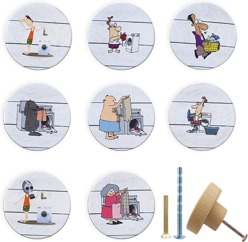 8 Pack Wooden Cabinet Knob 1-4/5inch Round Unique Fun Laundry Drawer Handles Room Knobs and Pulls