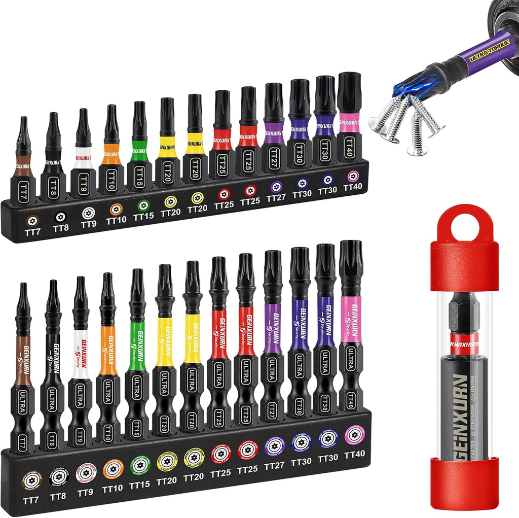Impact Security Torx Screwdriver Bits Set,26Pcs 1”/2”Magnetic（TT7-TT40）S2 Steel Multi Star Driver Bits and 1Pc Bit Holder with Color Coded Base