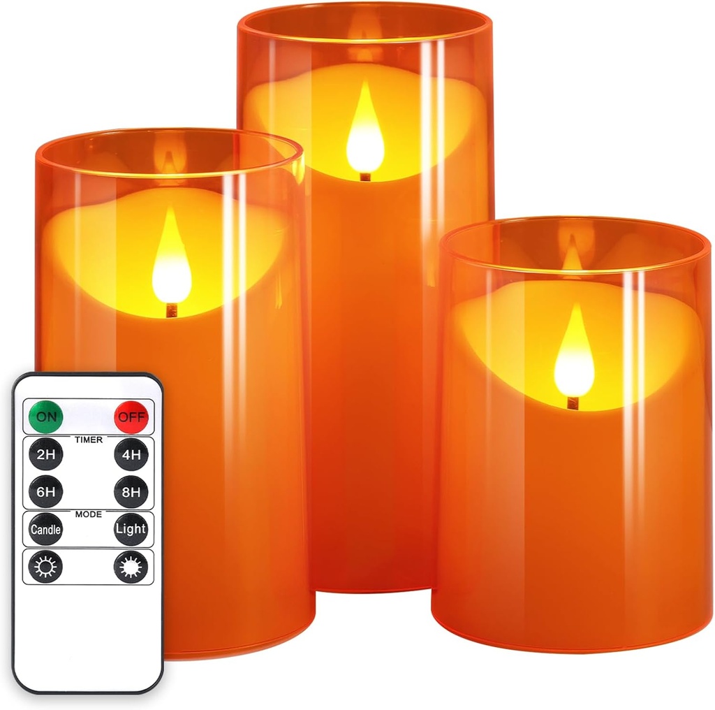 NURADA Flameless Candles with Remote Timers - 3D Wick Battery Operated LED Electric Fake Candles Realistic for for Halloween Thanksgiving Dinner Tables Wedding Party Home Fall Decor - 3 Pack Orange