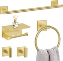 5 Pieces Brushed Gold Bathroom Hardware Set, SUS304 Stainless Steel Bathroom Accessories Set 23.6 inches Towel Bar, Toilet Paper Holder with Shelf, Towel Ring and Two Towel Hooks Wall-Mounted