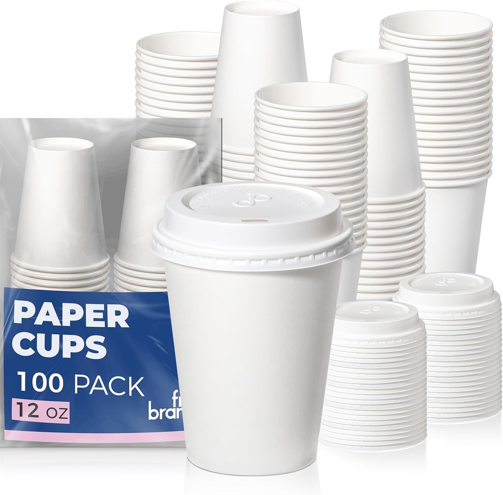 Fit Meal Prep 100 Pack 12 oz Disposable Coffee Cups with Lids, Premium To Go Paper Cups, Leak Proof Hot Coffee Cups with Lids for Travel, Office, Hot/Cold Beverages (White Lids)