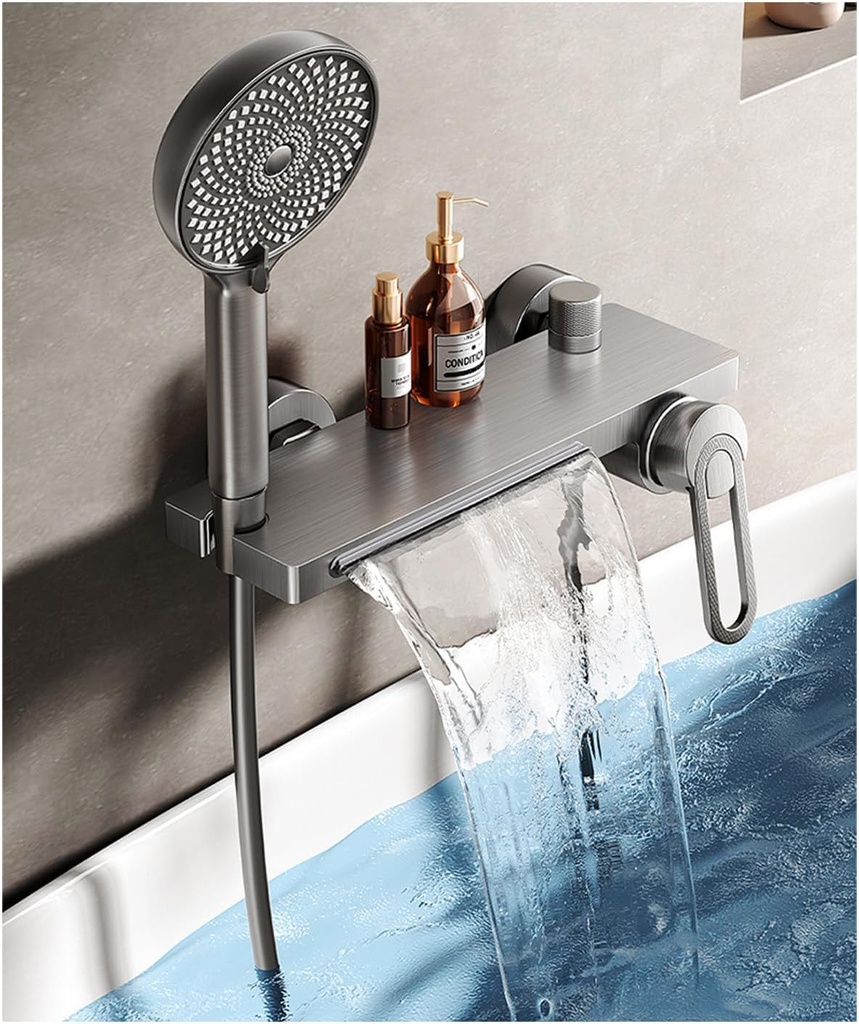 Waterfall Bathtub Faucet Set, Bathtub Faucets with Showerheads Wall Mounted Tub Spout with Diverter Tub Faucet Spout Brass Bath Faucet for Tub with Shower Rod Cold and Hot Dual Control