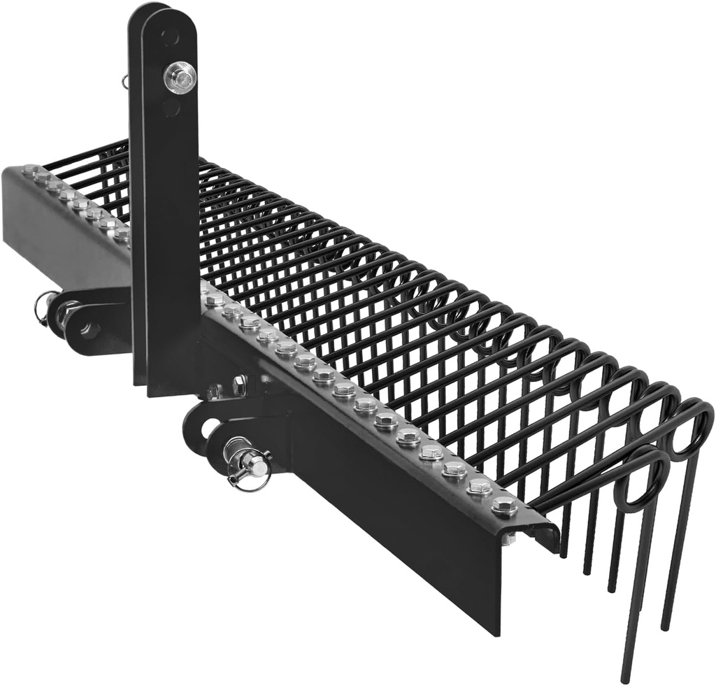 72 Inch Pine Straw Rake, 30 Coil Spring Tines Durable Powder Coated Steel Tow Behind Landscape Rake with 3 Point Hitch Receiver Attachment Fit to Cat0 Cat 1 Tractors for Leaves Grass, Black